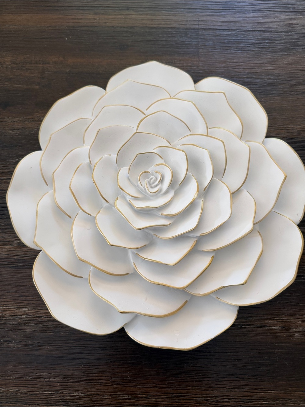 Wall Decorative White Ceramic Flower Plate with Gold Trim , 12” inc size